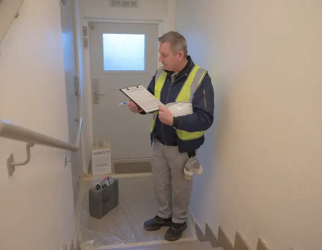 Homme en gilet de sécurité vérifiant un document dans un couloir.