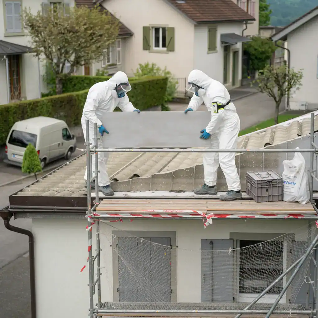 Deux travailleurs en combinaison de protection sur toiture en train de manipuler un panneau.
